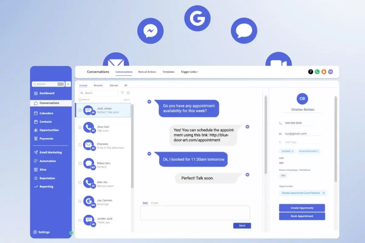 Digital interface showing a unified conversations dashboard with text messages, contact info, and booking options for a small business.