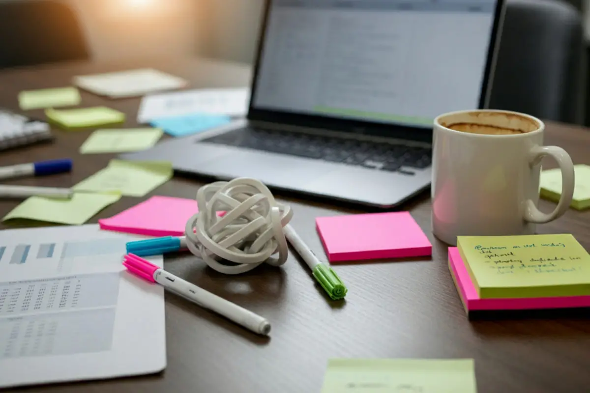 Cluttered office desk covered with sticky notes, cords, paperwork, and a laptop, symbolizing disorganized marketing and follow up.